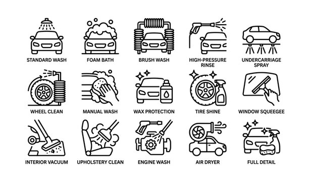 Car wash services icons set featuring various cleaning methods and equipment