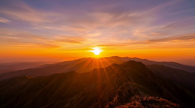 Majestic mountain range at sunset with vibrant colors and dramatic sunrays