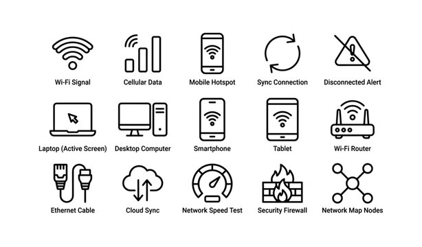 Technology icons for network connectivity and internet devices