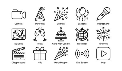 Fototapeta premium Celebration icons: party hat, balloons, cake, gift, microphone, confetti, dj, disco ball