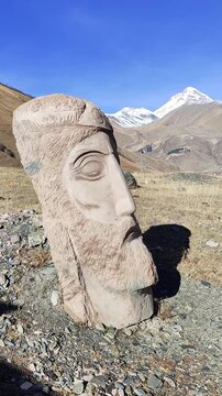North Ossetia, Georgia. - November 05, 2023: Huge stone head by sculptor Mirab Piranishvili