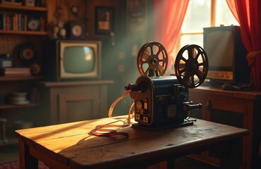 Vintage film projector sits on wooden table with reel of film. Retro cinema equipment evokes nostalgia and film heritage. Old television in background suggests past entertainment era.