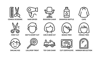 Fototapeta premium Haircut symbols: tools, styles, and accessories for kids and adults