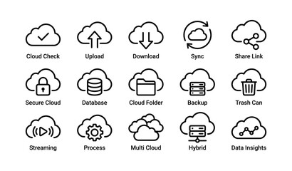 Obraz premium Cloud technology icon set featuring storage, sync, and data insights symbols