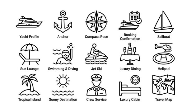 Nautical icons collection featuring yacht, sailboat, and tropical travel elements