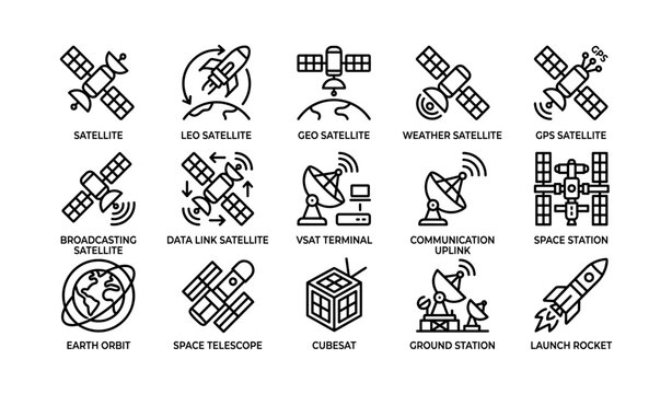 Satellite and space station icons featuring communication and gps elements