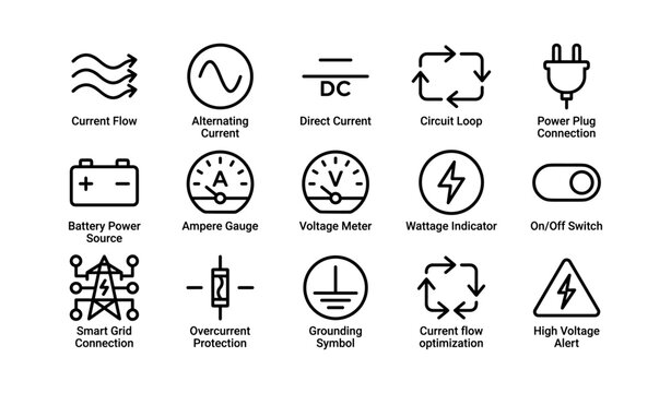 Electrical symbols set: current flow, power sources, protection, optimization icons