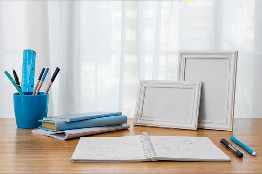 Modern Study Desk with Notebook and Stationery