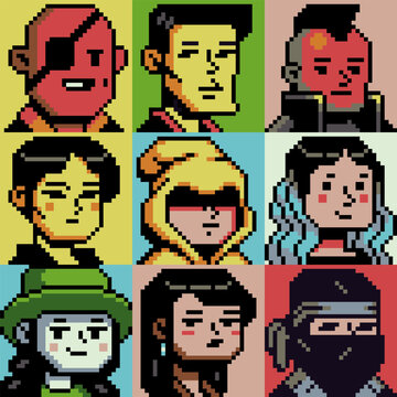 Set of pixel art character avatars in retro 8-bit style, game characters, profile icons, NFTs, UI assets, and indie game projects.