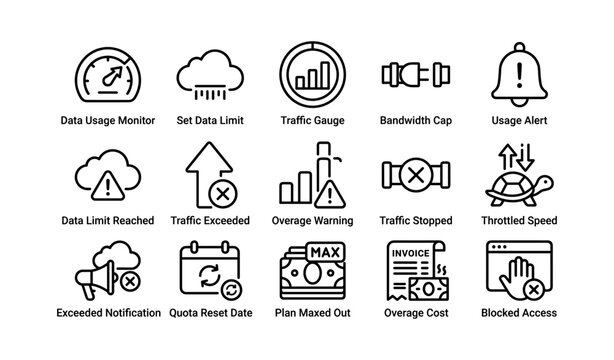 Data management icons: usage monitoring, bandwidth alerts, and throttling indications