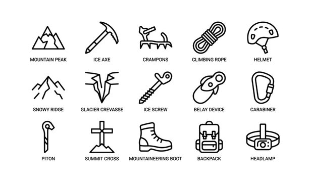 Mountaineering gear icons: ice axe, crampons, climbing rope, helmet, carabiner