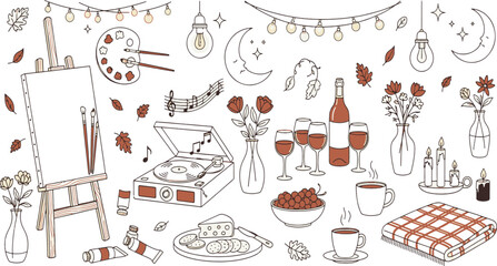 This collection features a charming variety of lifestyle elements including art supplies music wine and cozy home decor elements in a whimsical hand drawn vector illustration doodle art © Kanon Islam