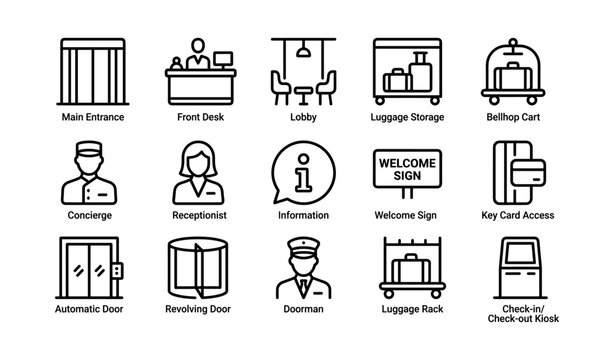 Hotel icons: concierge, receptionist, luggage storage, welcome sign, doorman services
