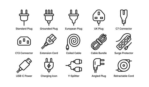 Variety of electrical connectors and plugs icons set