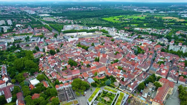 Aerial panoramic view of the old town city Durlach on a sunny  noon in spring in Germany.