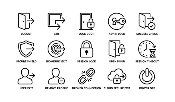 Icon set depicting security and access actions including lock, key, and logout symbols