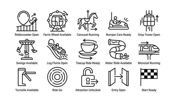 Amusement park attraction status icons: rides, swings, log flume, teacup, entry, monorail