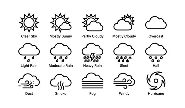 Weather icon set illustrating various conditions from sun to hurricane