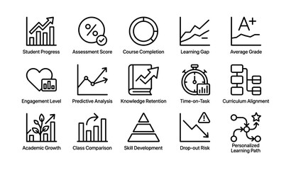 Fototapeta premium Educational metrics and analytics icons: progress, engagement, retention, growth, assessment