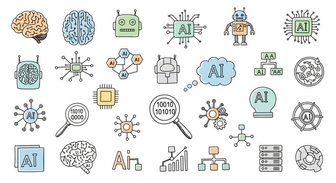 Hand Drawn Artificial Intelligence and Machine Learning Icon Set