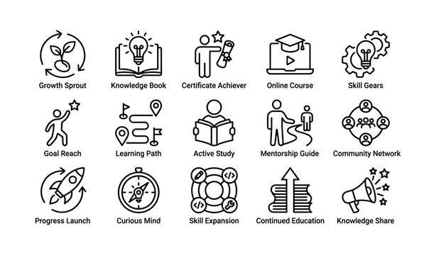 Educational icons depicting learning, achievement, and skill development
