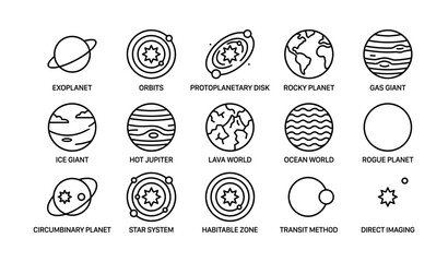 Illustrated symbols of various planet types and orbital characteristics