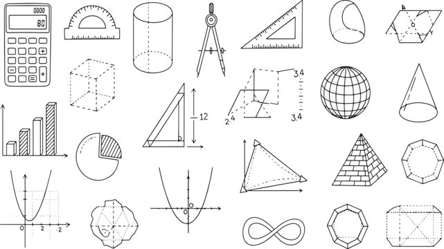 Mathematics geometry education supplies and school science elements with formulas diagrams calculations and shapes hand drawn vector illustration doodle art