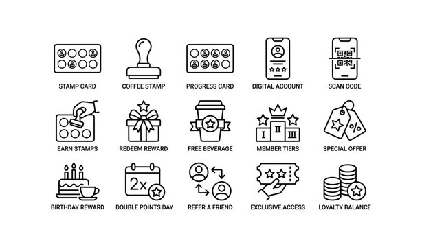 Loyalty program icons for rewards and discounts with stamps and points