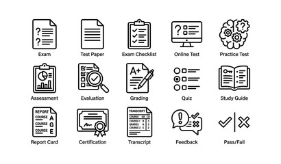 Fototapeta premium Educational icons set featuring exam, grading, online test, certification, feedback, study guide