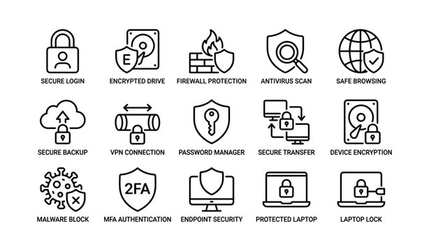 Cybersecurity icons set: secure login, encrypted drive, firewall, antivirus, safe browsing