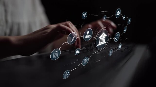 Futuristic digital law interface displaying justice scale, highlighting digital law, AI compliance, digital law systems, and digital law regulations for secure governance. Muxer