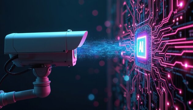 Security camera detects digital data stream. AI chip on circuit board processes information. Futuristic concept of smart surveillance and cybernetic network.