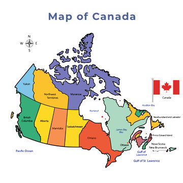 A colorful vector graphic map of Canada showing all provinces and territories