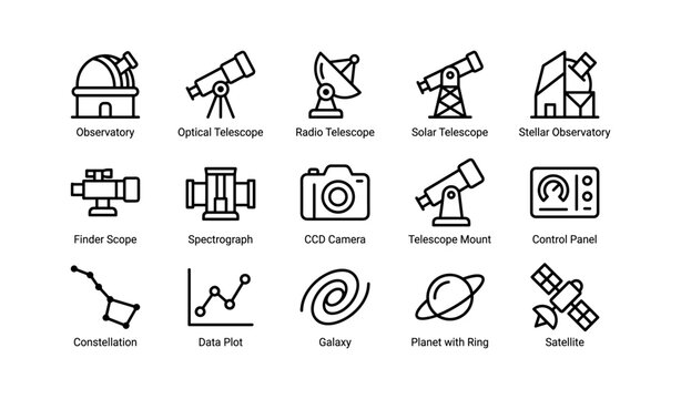 Astronomy equipment icons: telescopes, observatories, and celestial tools