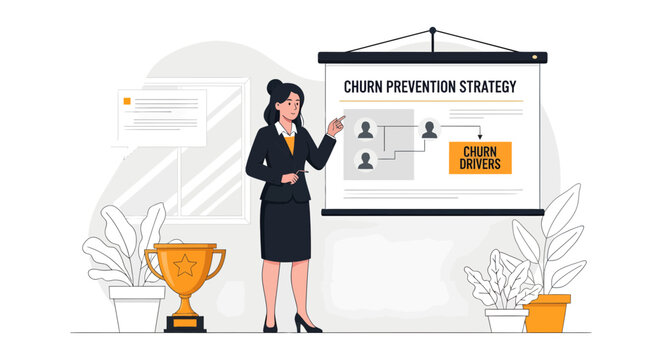 Businesswoman presenting customer churn prevention strategy with trophy.