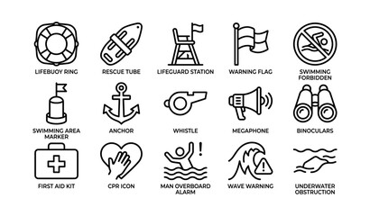 Fototapeta premium Beach safety icons: lifebuoy, rescue tube, warning flags, cpr, first aid, and more