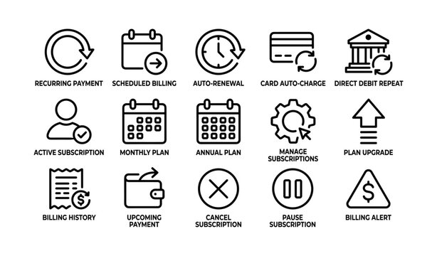 Subscription and billing icon set featuring recurring payment and plan management symbols