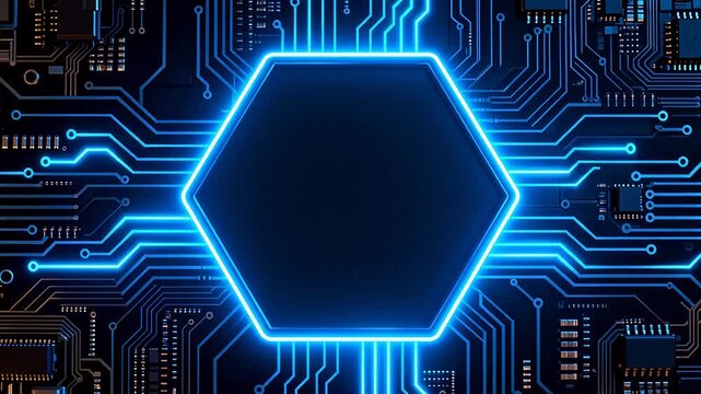 Circuit board with glowing hexagon