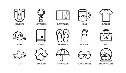 Fototapeta na wymiar Icon set of vacation souvenirs including magnet, keychain, t-shirt, mug, and more