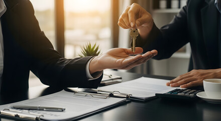 real estate agent handing keys to home buyer | signing mortgage contract for new house | successful property investment deal closing | professional legal document signing for housing