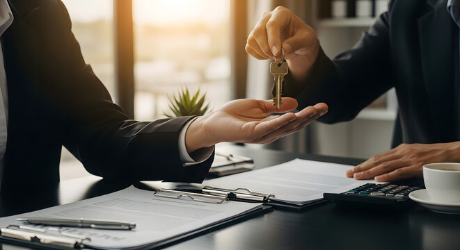 real estate agent handing keys to home buyer | signing mortgage contract for new house | successful property investment deal closing | professional legal document signing for housing