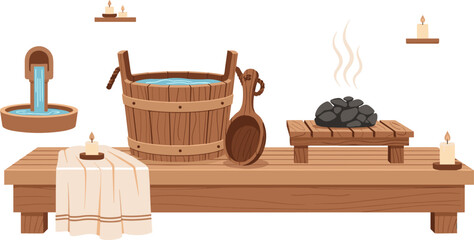 Traditional Wooden Sauna Interior with Hot Steam Stones Bucket Water Ladle Towels and Candles Relaxation Spa Wellness Cartoon Vector Illustration © Saidi