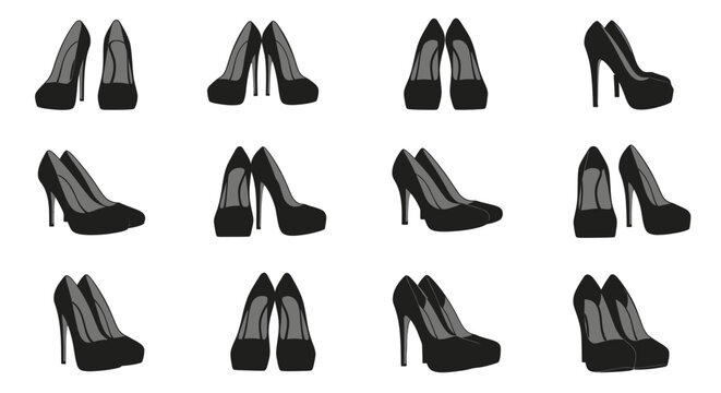 Collection of various black high heeled shoes on white background stylish footwear assortment
