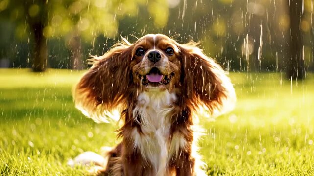 Adorable Cavalier King Charles Spaniel dog enjoying a sunny day in a lush green park.