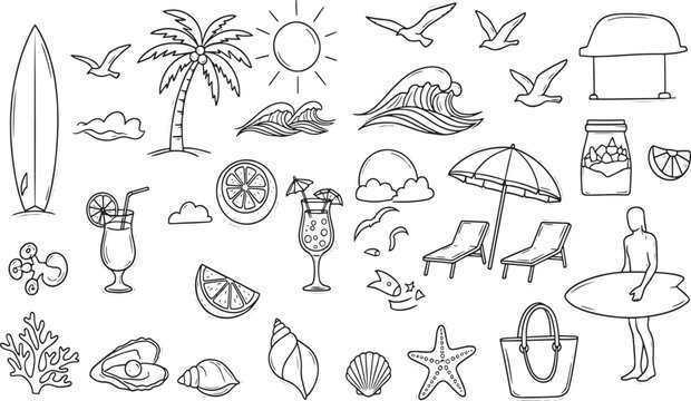 Beach vacation summer holiday tropical surf elements palm tree sun waves surfboard ocean seashell travel doodle art or icon set