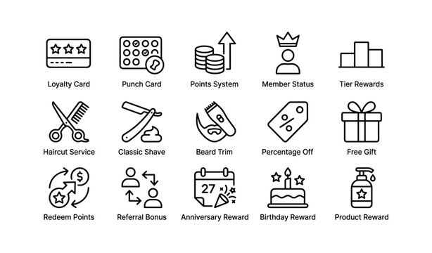 Loyalty program icons: points, rewards, grooming, discounts, gifts