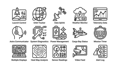 Fototapeta premium Space mission control icons: communication, data, weather, power, cargo, monitoring systems