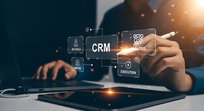 customer relationship management software interface | digital business strategy data analysis | futuristic touch screen CRM technology | professional using interactive business dashboard