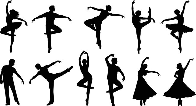 Collection of black silhouettes of ballet dancers in various poses on white background