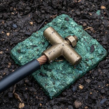 Copper grounding connector on green grounding plate in wet soil